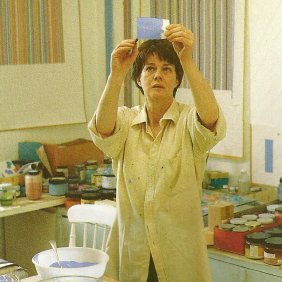 in-the-studio Bridget Riley mixing paints in her stuido